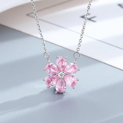 S925 Silver Wedding Ring Women Pink Flower Bracelets Earrings Necklace Rings Fashion Jewelry Sets