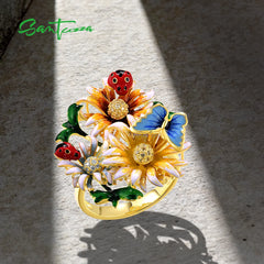 SANTUZZA 925 Sterling Silver Rings For Women Champagne Yellow White CZ Enamel Flower Butterfly Ladybug Fine Jewelry Handmade