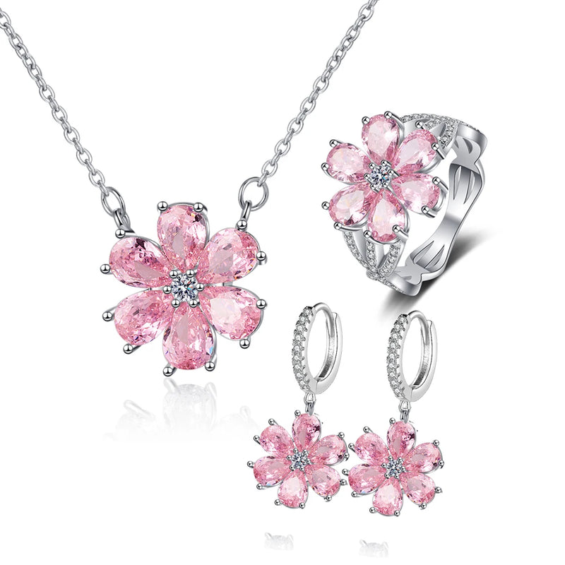 S925 Silver Wedding Ring Women Pink Flower Bracelets Earrings Necklace Rings Fashion Jewelry Sets