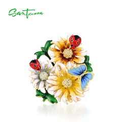 SANTUZZA 925 Sterling Silver Rings For Women Champagne Yellow White CZ Enamel Flower Butterfly Ladybug Fine Jewelry Handmade
