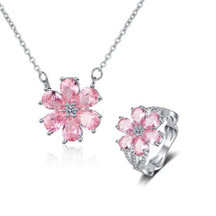 S925 Silver Wedding Ring Women Pink Flower Bracelets Earrings Necklace Rings Fashion Jewelry Sets